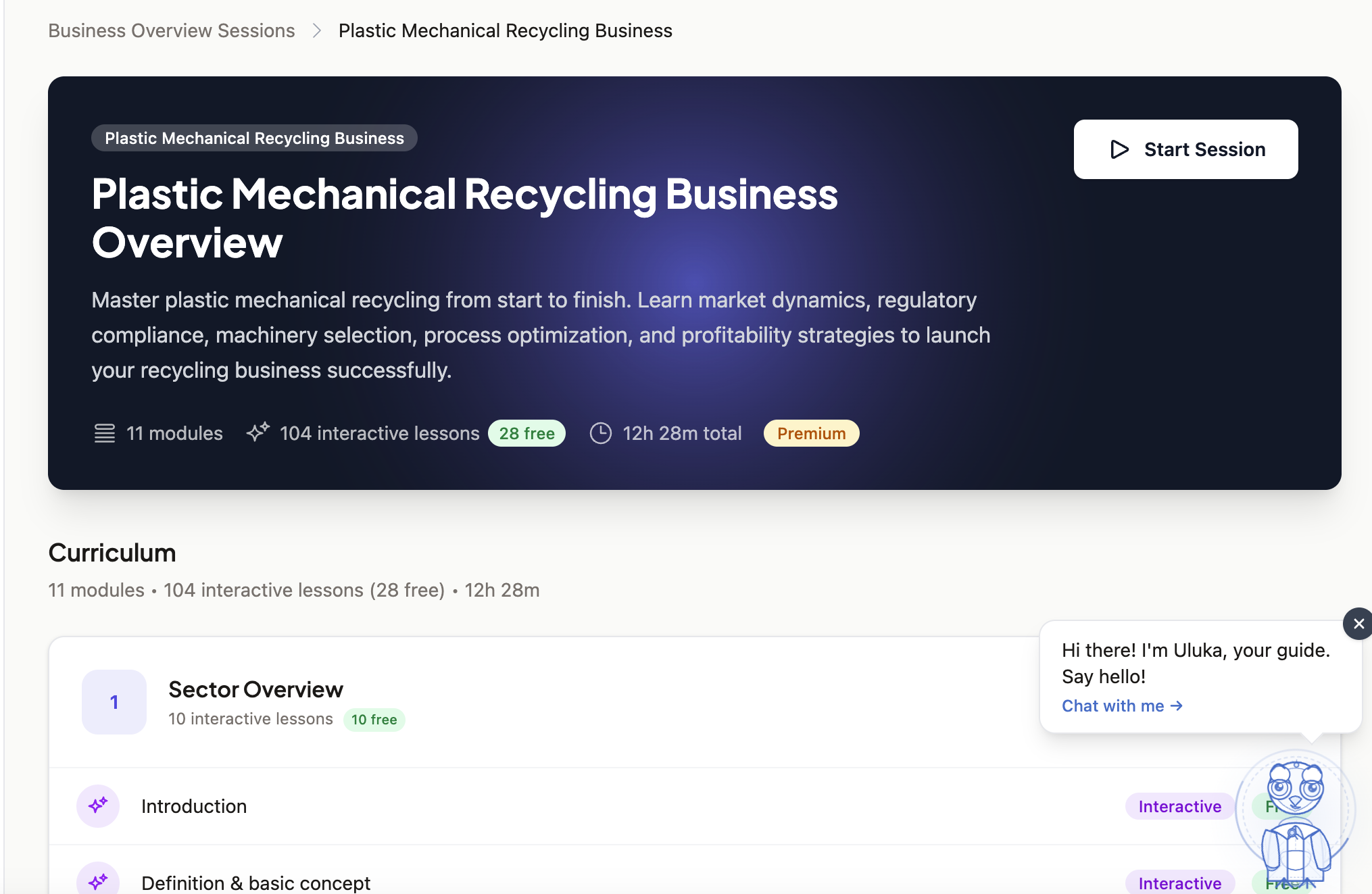 A session you move through — modules and interactive lessons